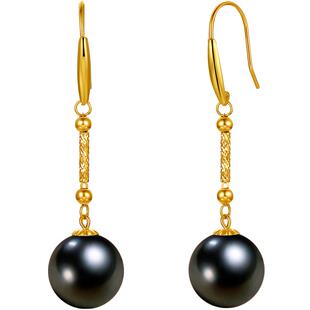 珍珠皇后18K金8-9mm海水大溪地黑珍珠耳环简约耳勾款女生耳饰