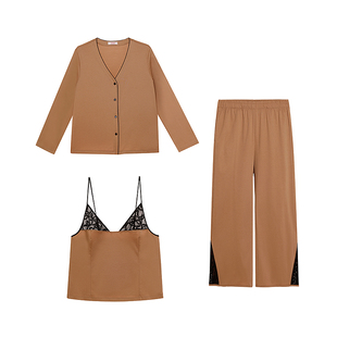 爱慕星序秋冬睡衣女开衫性感吊带家居服三件套AM46C431