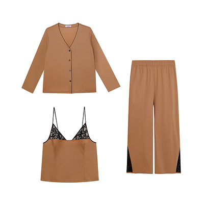 爱慕星序秋冬睡衣女开衫性感吊带家居服三件套AM46C431