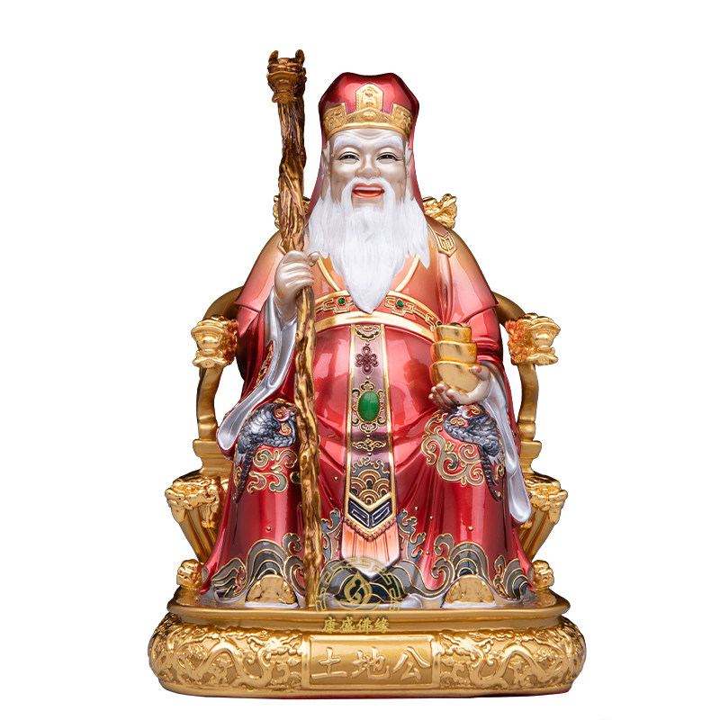 纯铜喷绘土地公婆神像供奉摆件