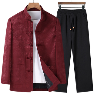 唐装男中老年薄款休闲棉麻长袖衬衫夏装爷爷春秋60岁80大寿70礼服