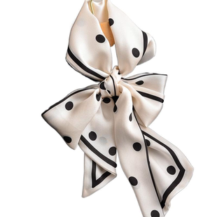 法式黑白波点真丝飘带细长条丝巾100%桑蚕丝围巾女春秋季双层领巾