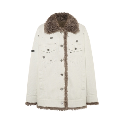 Maison Wester2025冬季新品米白色廓形牛仔羊羔毛领大衣毛呢外套