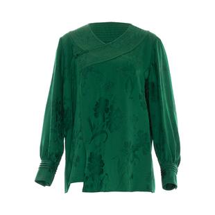 花木深新中式盘扣上衣女新款改良圆领大襟衫长袖国风提花缎面衬衫