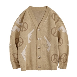 马登复古卡其色大V领宽松外穿毛衣提花针织开衫外套上衣女士秋冬