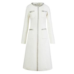 米白色小香风连衣裙女中长款2025春秋款气质长袖高端显瘦长裙1647