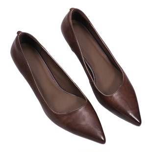 春夏简约百搭职场工作通勤风高跟鞋3-5CM软牛皮低跟尖头浅口单鞋