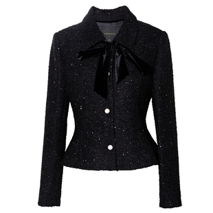 罗衣精致亮片小香风毛呢短款外套女春季系带领黑色收腰上衣13123