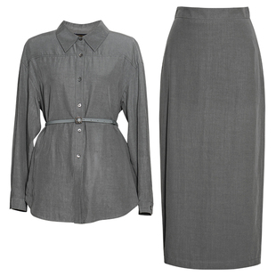 罗衣高级感灰色系带衬衫套装女春淡人穿搭上衣半身裙两件套12615