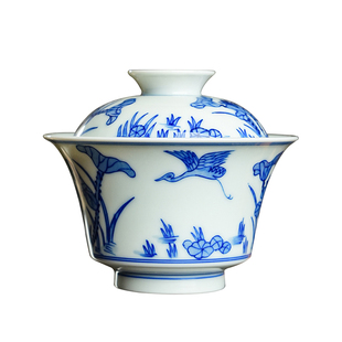 见山烧 青花一鹭莲升两才小盖碗120ml泡岩茶碗小容量功夫茶杯茶具