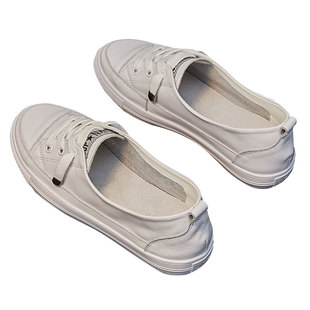 大码女鞋41一43夏季浅口真皮小白鞋女2025新款百搭休闲平底板鞋40