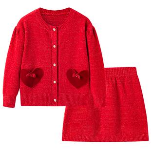 MINIPEACE太平鸟童装女童毛衣开衫裙子两件套红色儿童新年套装