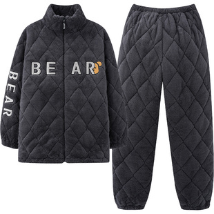 牧柔休闲风开衫立领宽松长袖青少年秋季冬季保暖加厚夹棉男士睡衣