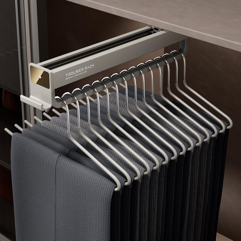 顶装裤架伸缩滑轨轨道衣柜内置衣架抽拉式挂衣杆五金收纳裤抽裤挂