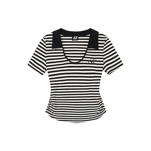 FORNINES条纹polo领正肩短袖T恤女夏季美式辣妹短款显瘦修身上衣
