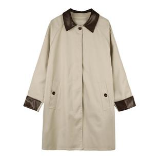 弥古撞色翻领中长款皮领风衣外套女春秋高级感小个子时尚宽松大衣