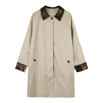 撞色中长款风衣外套女