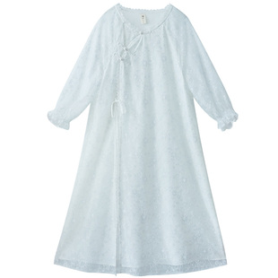 现货【皎皎】中式偏襟连衣裙女夏季蕾丝花边温柔长裙宽松飘逸裙子