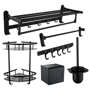 箭牌五金挂件黑色毛巾架免打孔六件套太空铝浴巾架置物架AE5674TZ