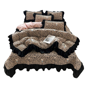 美拉德豹纹床盖款四件套复古花边被套非全棉纯棉床单床裙法式床品