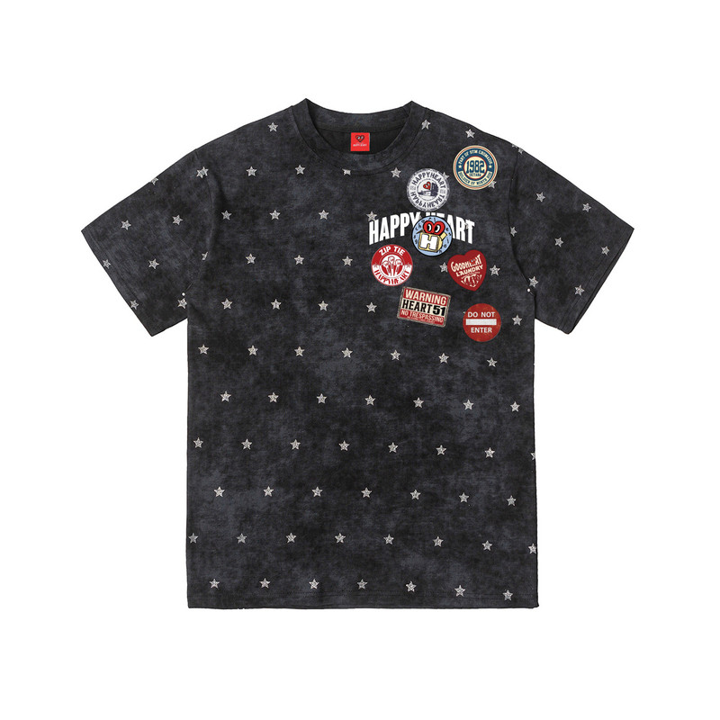 查尔斯桃心 美式扎染满天星亮片撒银短袖T恤男女夏季肩章印花上衣