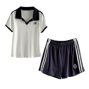学院风撞色POLO翻领短袖短裤运动套装女夏季薄款跑步健身羽毛球服