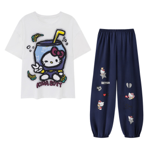 【纯棉-宽松版】睡衣女纯棉带胸垫卡通短袖长裤亲肤家居服套装