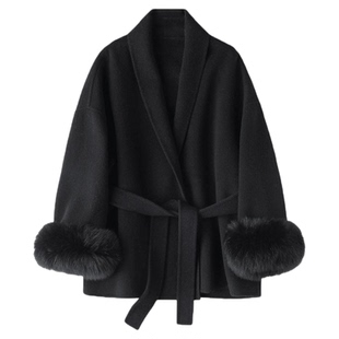 狐狸毛袖口蚕丝羊驼毛双面毛呢大衣重磅青果领短款浴袍外套腰带女