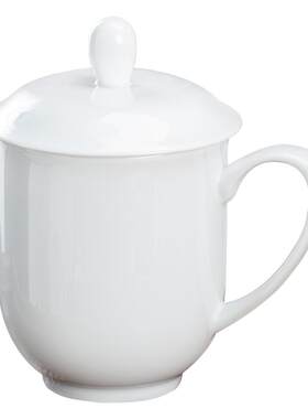 中式釉上彩陶瓷纯白带盖水杯
