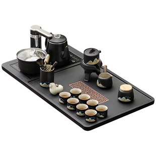 汝窑功夫茶具套装家用新款全自动烧水壶一体仿乌金石茶盘茶杯茶台