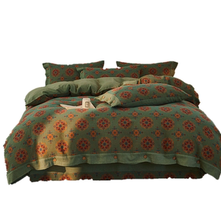 高级感全棉水洗色织双层纱提花床上四件套纯棉床单被套法式复古风