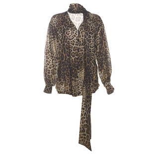 怪诞女孩 老钱风复古豹纹围脖飘带V领衬衫女 宽松百搭雪纺衫上衣