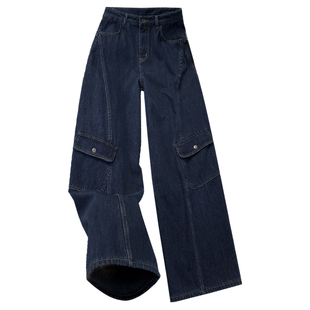 拉夏贝尔美式复古工装牛仔裤女秋冬新款高腰宽松设计感加绒阔腿裤