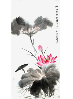 国画中式荷花图写意水墨玄关卷轴