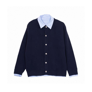 秋冬人夫感穿搭衬衫领针织开衫毛衣外套男生假两件时髦感保暖上衣