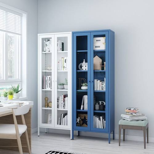 玻璃书柜带柜门展示柜可调节多层收纳储存柜靠墙置物架钢制铁艺柜