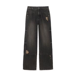 RAIVE2026春新品裤子女深牛仔蓝色黑色磨边拼接设计韩直筒牛仔裤