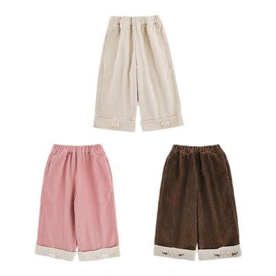 幼悠女童小熊绣花直筒阔腿裤冬季童趣可爱牛筋腰灯芯绒休闲裤子潮