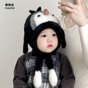 宝宝帽子秋冬季保暖会叫企鹅毛绒一体男童女婴幼儿可爱防风护耳帽