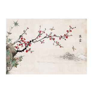 墙纸定制3d立体中式梅花电视背景墙壁纸客厅花鸟壁布装饰墙布壁画