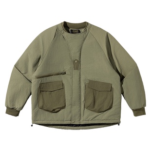 马切达日系山系户外棉服外套男撞色口袋设计小众圆领门襟夹棉棉衣