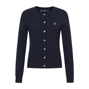 POLOWALK女士长袖针织衫2025秋冬绞花圆领开衫红色毛衣女上衣外套