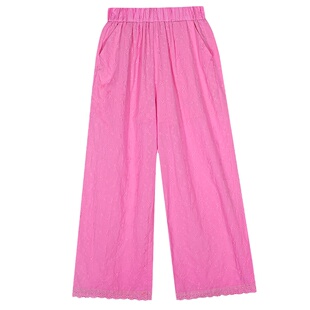落落狷介 裤子女2026新款夏季薄款粉色蕾丝拼接阔腿裤松紧腰长裤