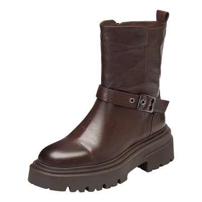 思加图旅梦人棕色厚底机车靴中靴
