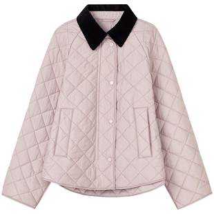 LANCY/朗姿2025冬新款复古简约菱格绗缝棉衣翻领夹克棉服短外套女