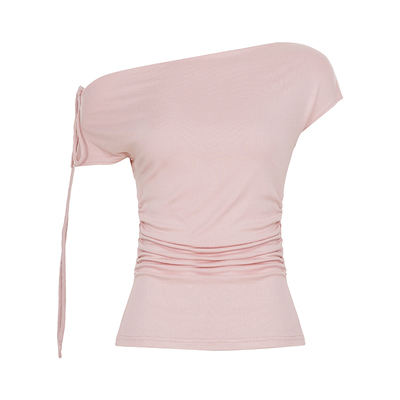 WEEKEEP 韩系少女纯色斜领露肩系带褶皱收腰T恤百搭修身短袖上衣