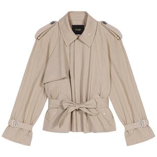 Maje2025春夏女装法式时尚米黄色肩章装饰系带单排扣风衣外套