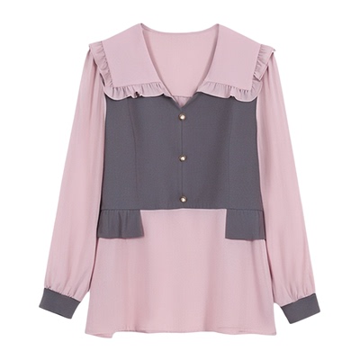 绮娑大码假两件上衣女秋装新款娃娃领显瘦胖MM衬衣长袖别致小衫