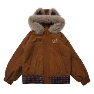 pinksavior【贝果脆脆】棕色条绒大毛领外套冬季小浣熊套装