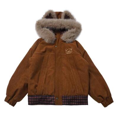 pinksavior【贝果脆脆】棕色洗皱条绒大毛领外套冬季小浣熊